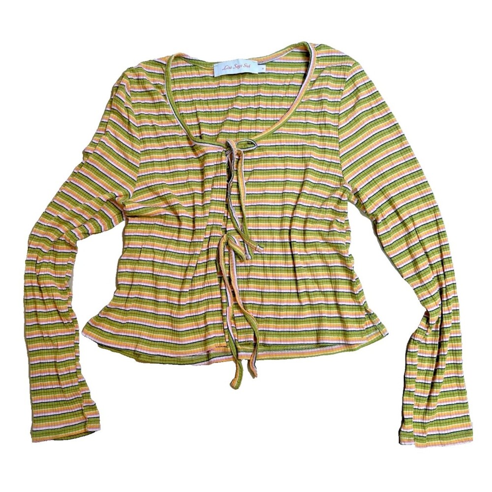 Lisa Says Gah Long Sleeve Shirt Retro 70s Striped Y2K Skater Ribbed Tie Front M
